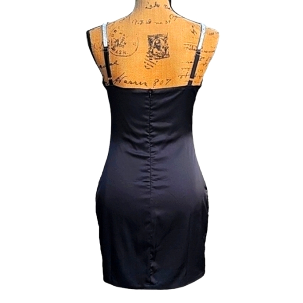 NEW Black Satin Diamante Strap Mini Dress - Picture 13 of 17